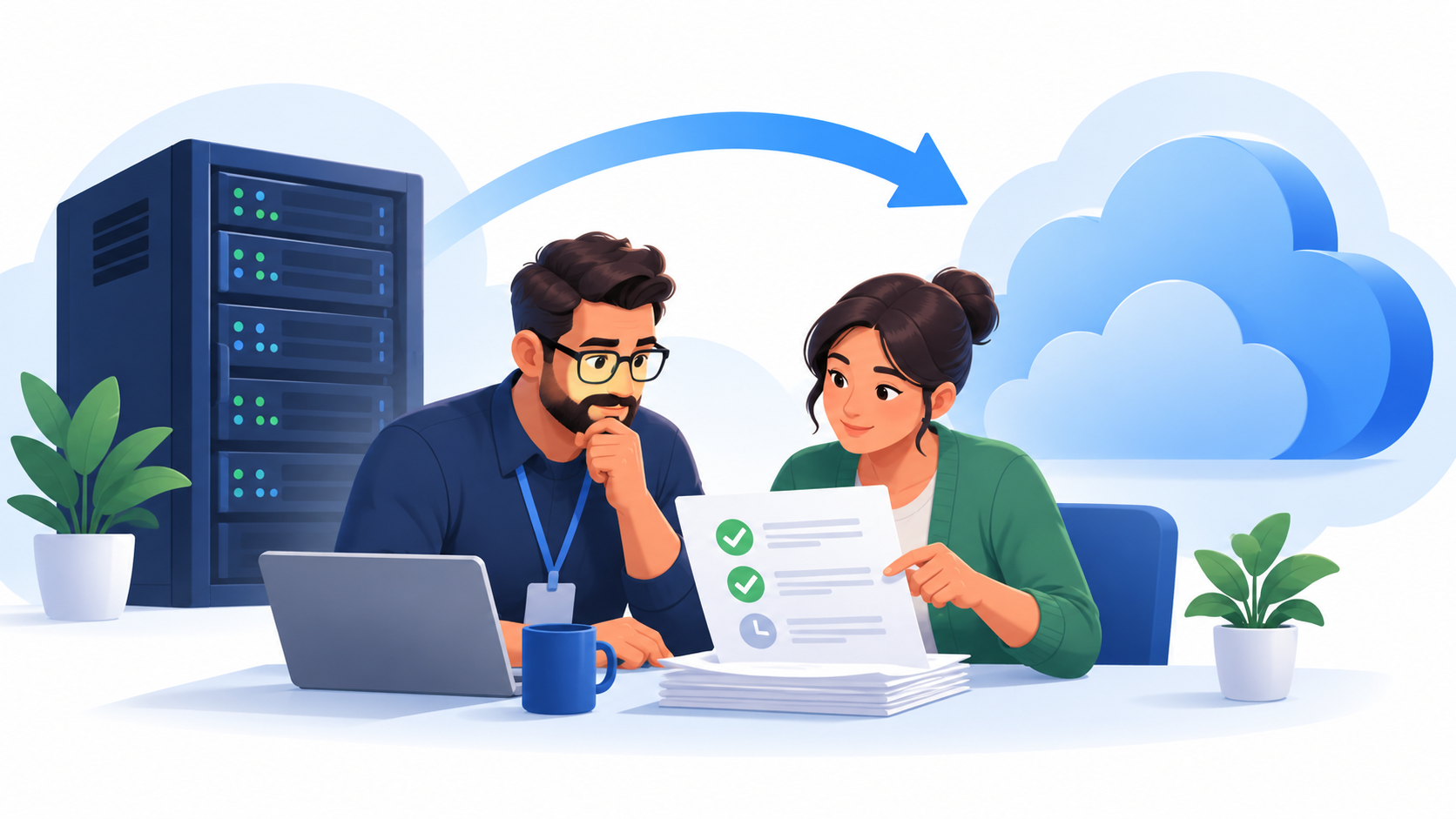 Two people reviewing approvals during a move from a server to the cloud
